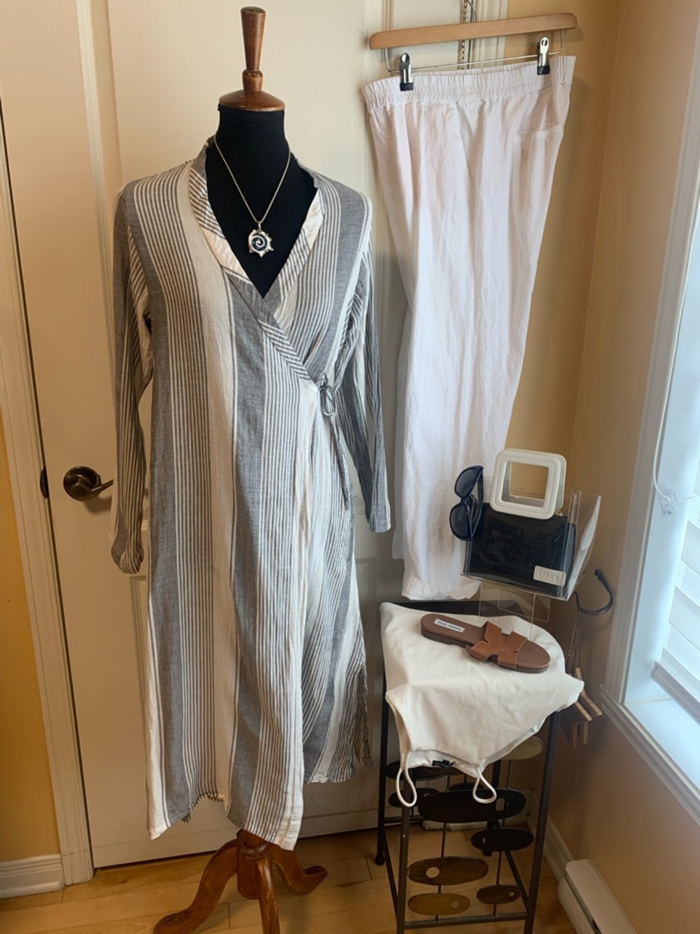 MAIWA Striped Wrap-Style Midi dress duster